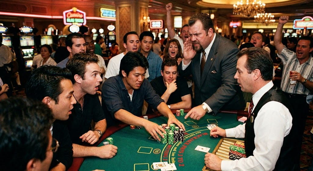 「学長コラム 私の原点」より、ラスベガスのカジノで若いアジア人男性がチップの山に手を置き、スーツを着たカジノマネージャーがディーラーに物言いをつけている場面。