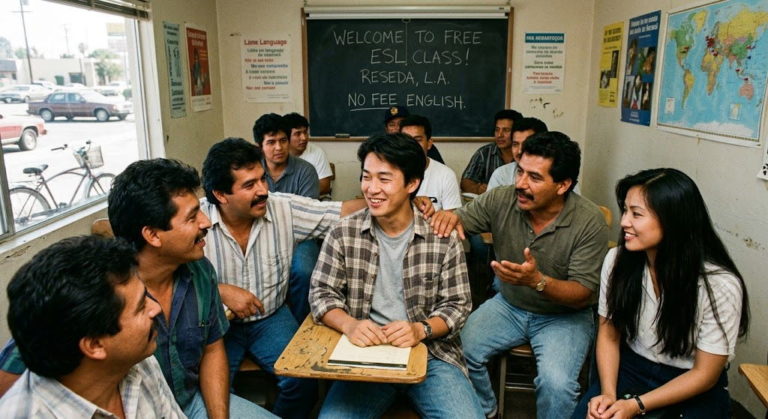 1990年代初頭のロサンゼルス、レシーダにある無料語学学校の教室。アジア人男性（主人公）を中心に、和気あいあいと交流する多国籍な生徒たち。黒板には「WELCOME TO FREE ESL CLASS! RESEDA, L.A. NO FEE ENGLISH.」と書かれている。