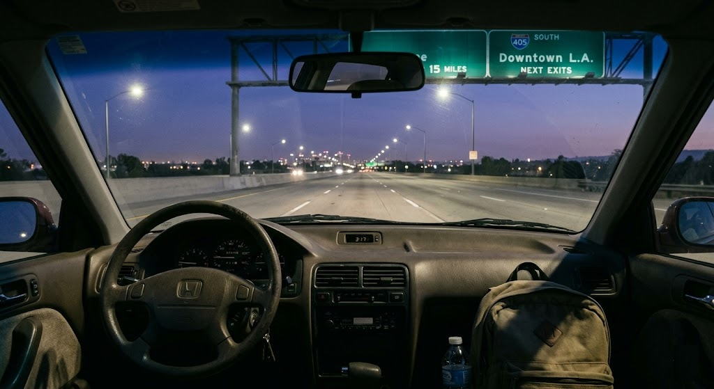 1990年代の車で、深夜3時17分にロサンゼルスのフリーウェイ「405 SOUTH」を運転し、飛び込み営業へ向かう視点の写真。