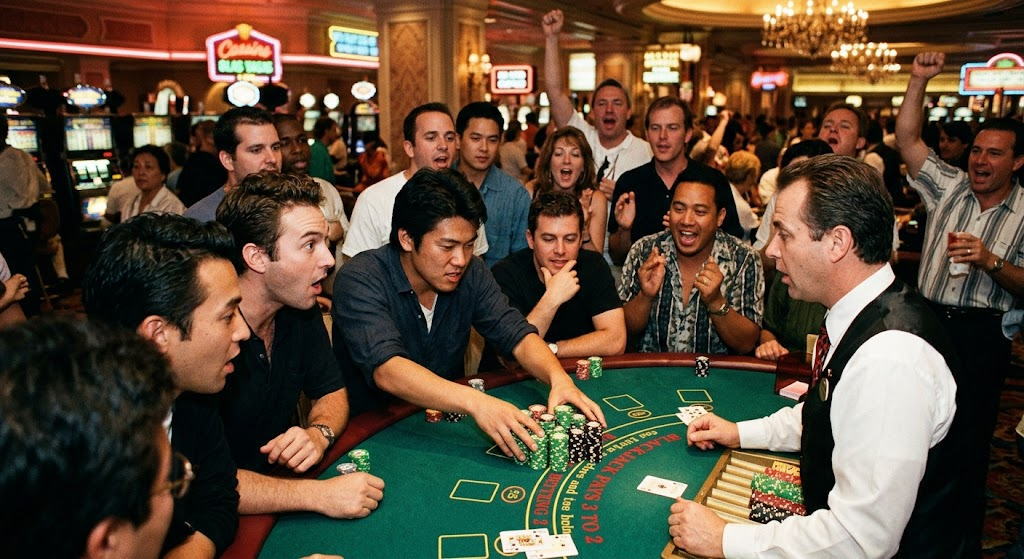 「学長コラム 私の原点」より、ラスベガスのカジノで友人(アジア人男性)がブラックジャックテーブルに大量のチップを押し出し、周囲の群衆が歓声を上げる大勝負の瞬間。