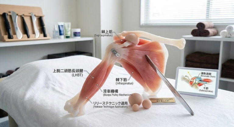 肩関節痛に対する徒手療法を解説するための、肩関節軟部組織の解剖模型とリリーステクニックのイメージ画像