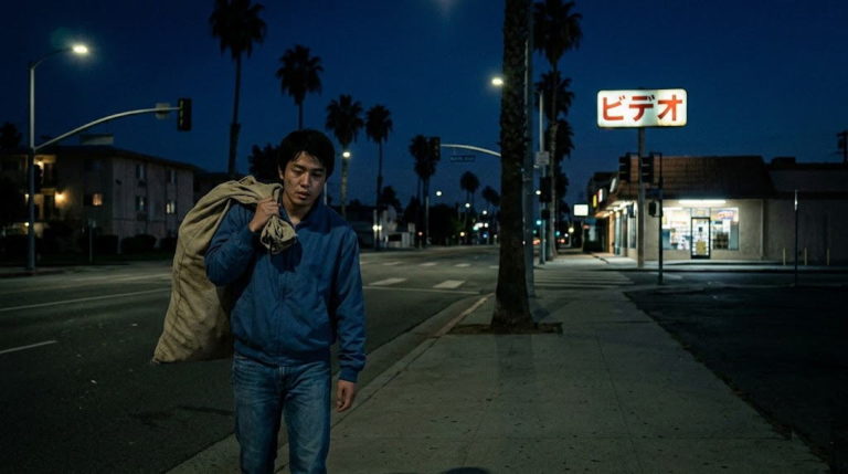 カイロプラクティックを学ぶアメリカ留学初日、重い荷物を担いで夜の街を彷徨う絶望的な様子と、背後に光る「ビデオ」の看板。