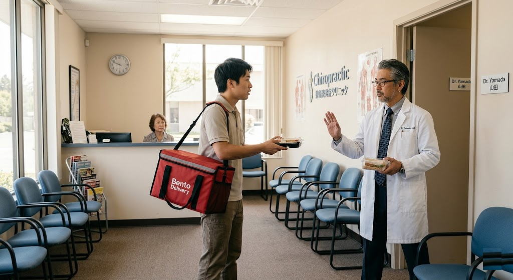 カイロプラクティックと鍼灸クリニックの静かな待合室で、「Bento Delivery」と書かれたリュックを背負った若い男性がドクター山田（白衣を着た年配の男性）にお弁当を差し出しています。ドクターは右手を firme に上げ、冷ややかな視線で若者を拒絶しています。ドクターは左手にすでに自分の昼食らしきサンドイッチの容器を持っています。背景の受付デスクでは年配の女性が一部始終を見守り、時計は12時過ぎを指しています。壁の看板には「Chiropractic Acupuncture Clinic（カイロプラクティック 鍼灸クリニック）」と日本語と英語で書かれています。