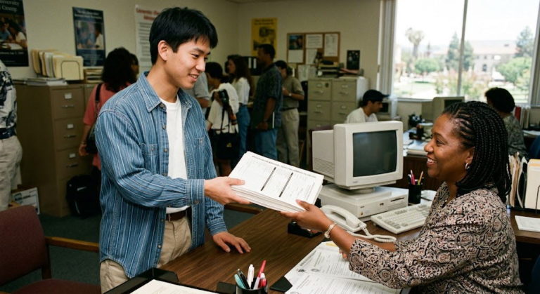 1990年代初頭のアメリカの**カイロプラクティック大学 入学**事務局で、デニムシャツを着た若い東アジア人男性（筆者）が、笑顔のアフリカ系アメリカ人女性スタッフに願書を提出している。旧式のコンピュータや他の人々が背景に見える、1993年当時の雰囲気。