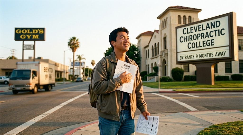 夕暮れのロサンゼルスの街角で、笑顔の若い日本人男性が「推薦状 Dr. Yamada...」と書かれた文書を手に持っている。背景には「CLEVELAND CHIROPRACTIC COLLEGE」の大きな看板とスパニッシュ・コロニアル・リバイバル様式の建物があり、その下には「ENTRANCE 9 MONTHS AWAY」と書かれている。左側には「GOLD'S GYM」の看板と「BENTO 弁当」と書かれたトラックが見える。