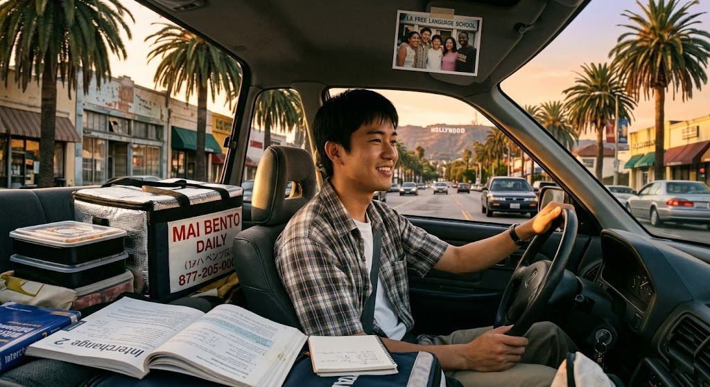 1990年代のロサンゼルスで、車を運転する笑顔の若い日本人男性。助手席には弁当配達バッグと英語の教科書があり、サンバイザーには多国籍な友人の写真。背景にハリウッドサイン。