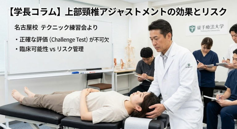 徒手療法大学名古屋校の実技講習風景。「上部頸椎 アジャストメント リスク」と正確な評価（チャレンジテスト）の重要性について指導している様子。