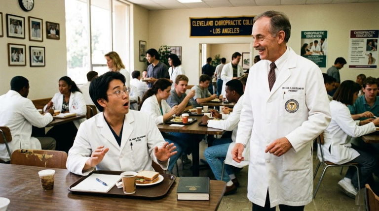 クリーブランドカイロプラクティックカレッジ（ロサンゼルス校）の食堂の様子。前景左側に、トレイの前に座った、白衣姿で驚いた表情の若いアジア人学生がいる。前景右側には、白衣を着た（胸に「DR. CARL S. CLEVELAND III PRESIDENT」と記された）年配の白人学長が微笑みながら彼に近づいている。背景には、他の多くの学生が食事をしており、壁には大学のバナーやポスターが掲げられている。