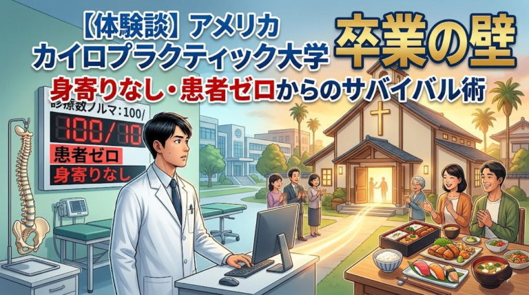 焦る白衣のカイロプラクティック実習生と患者数ゼロのカウンター、そして彼を救う温かい教会のコミュニティと美味しい日本食が描かれた、アメリカ留学サバイバル体験談のアイキャッチ画像。