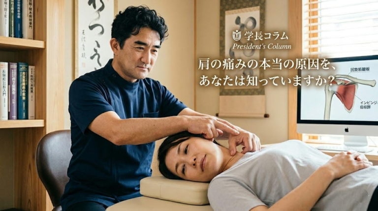 榊原直樹学長が患者の肩や首の周辺を丁寧に触診している様子。「学長コラム 肩の痛みの本当の原因を、あなたは知っていますか？」というタイトル文字と、肩関節（インピンジメント症候群）の解剖図が映るモニターが配置されたアイキャッチ画像。