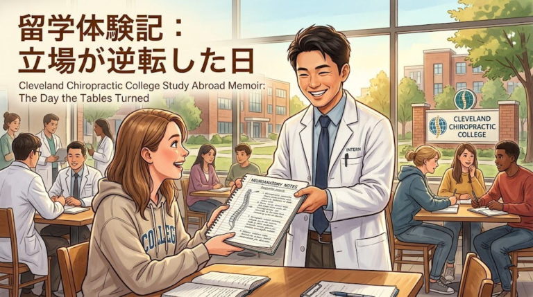 白衣を着た日本人のカイロプラクティック実習生が、大学のカフェテリアでアメリカ人のクラスメートに笑顔でノートを手渡しているイラスト