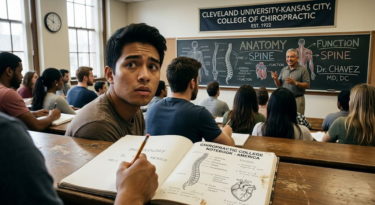 アメリカ カイロプラクティック 大学の教室で、白紙に近いノートを前に解剖学の授業を受ける日本人学生と黒板で解説する恩師