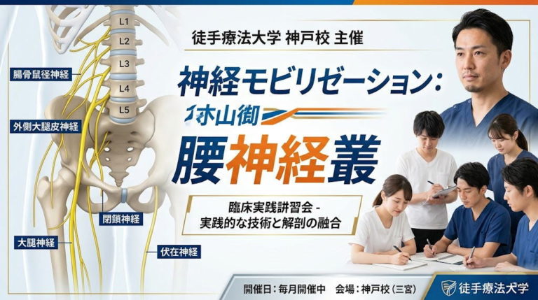 徒手療法大学神戸校で開催された「腰神経叢 神経モビリゼーション」実技講習会のアイキャッチ画像。骨盤と腰神経叢の解剖イラストおよび、徳山先生と受講生が真剣に学ぶ様子がデザインされています。